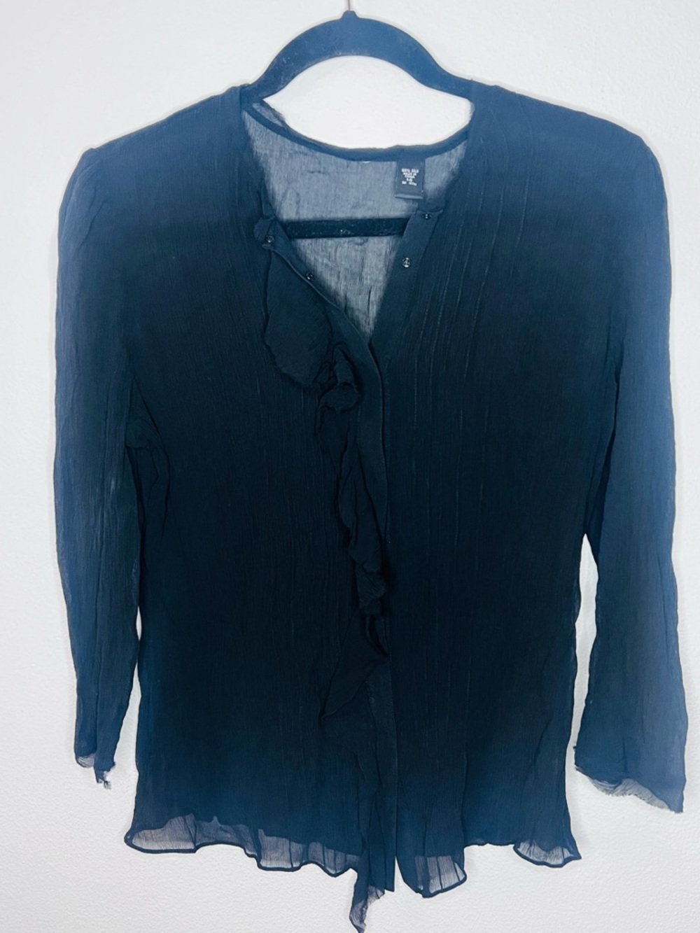 Black Ruffled V-Neck Blouse - Women Top 100% Silk